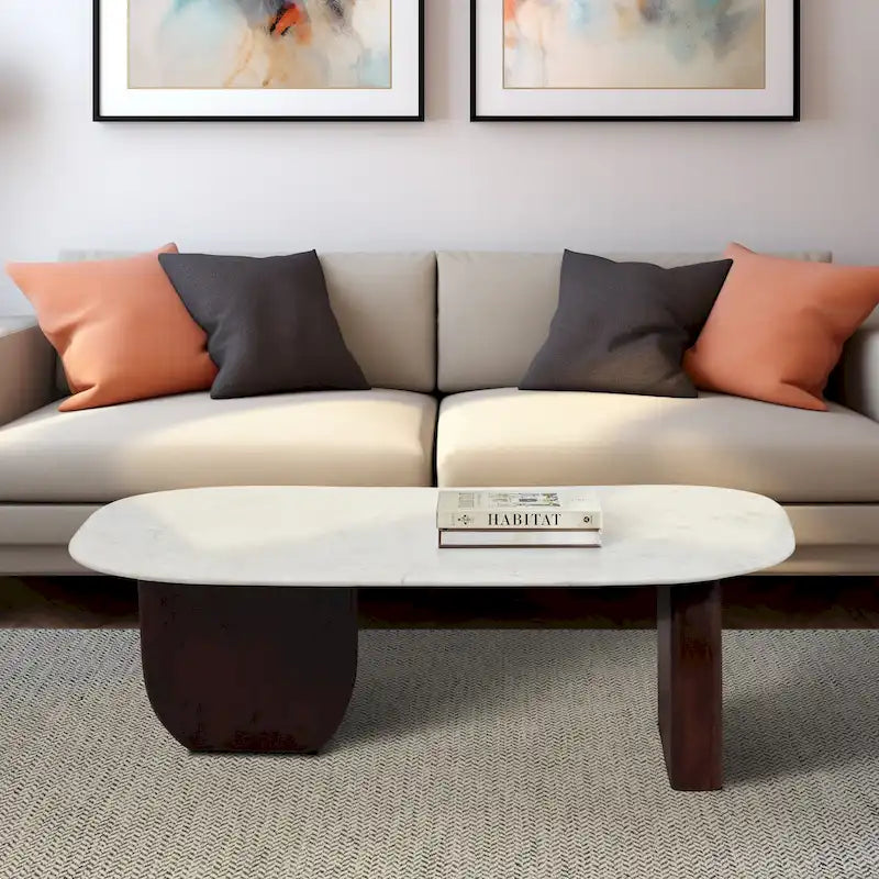 Tavolino da Caffè Ovale Astratto Moderno Marmo e Legno 16H - 48 x 24 x 16