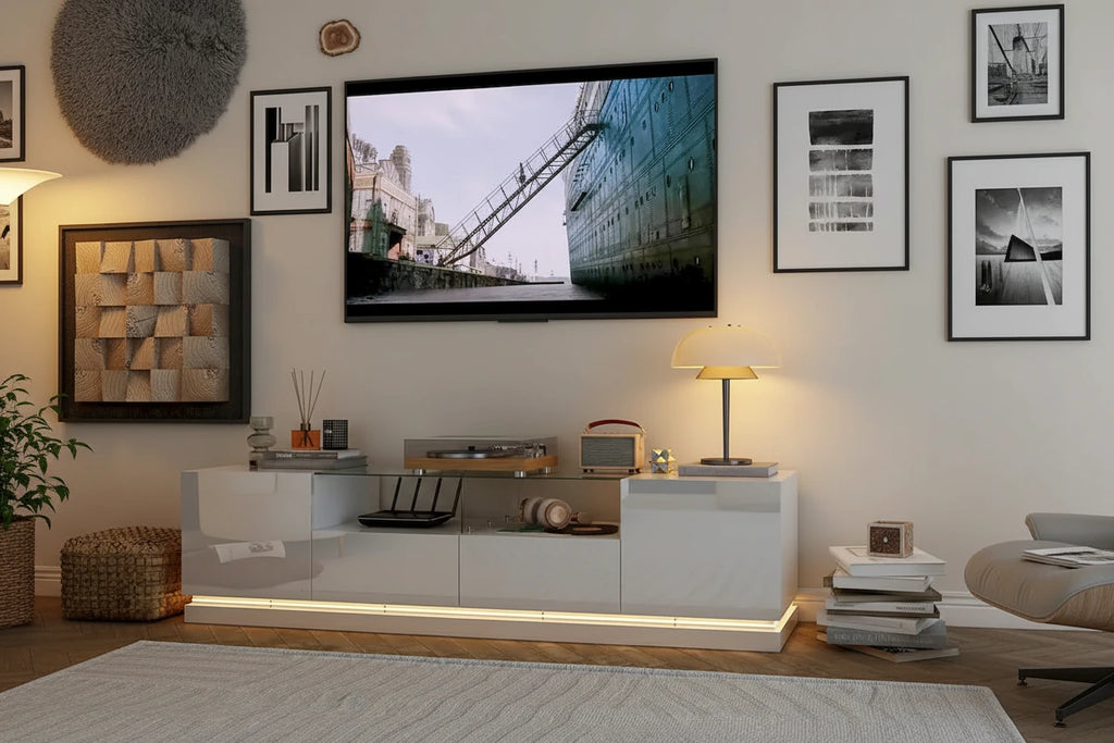 White LED TV Stand 70 TV High Gloss TV Entertainment Center Glass Top