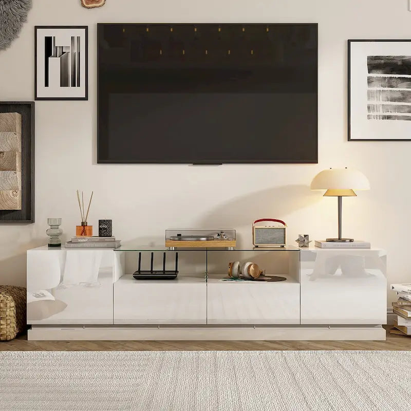Mobile TV a LED bianco da 70 pollici, mobile TV ad alto lucido con top in vetro