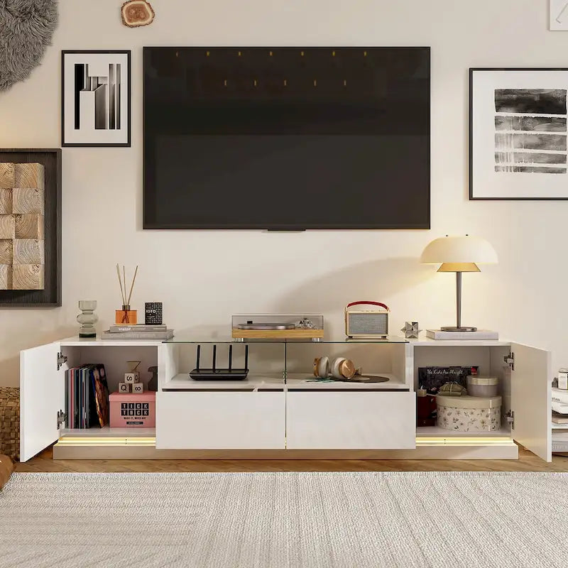 Mobile TV a LED bianco da 70 pollici, mobile TV ad alto lucido con top in vetro