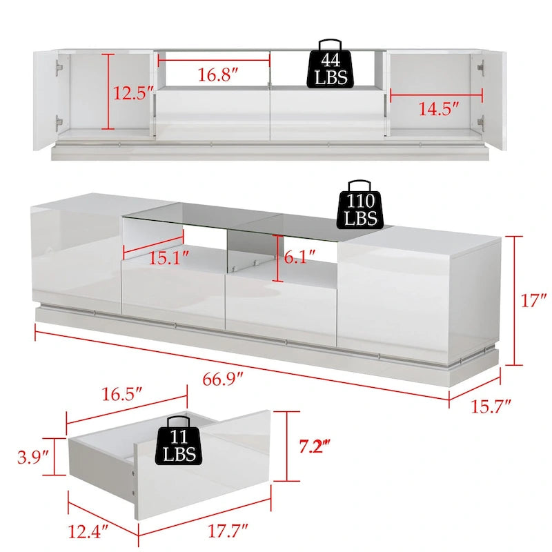 Mobile TV a LED bianco da 70 pollici, mobile TV ad alto lucido con top in vetro