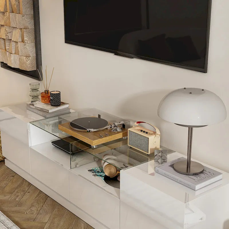 Mobile TV a LED bianco da 70 pollici, mobile TV ad alto lucido con top in vetro