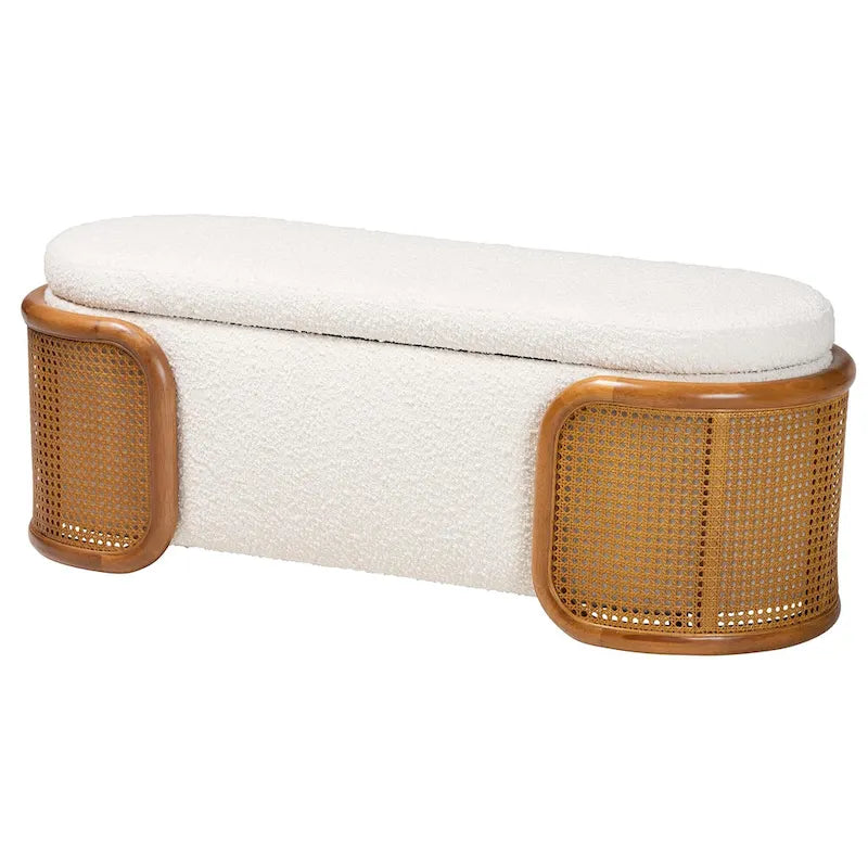 Panca contenitore in tessuto bouclé crema con rattan intrecciato