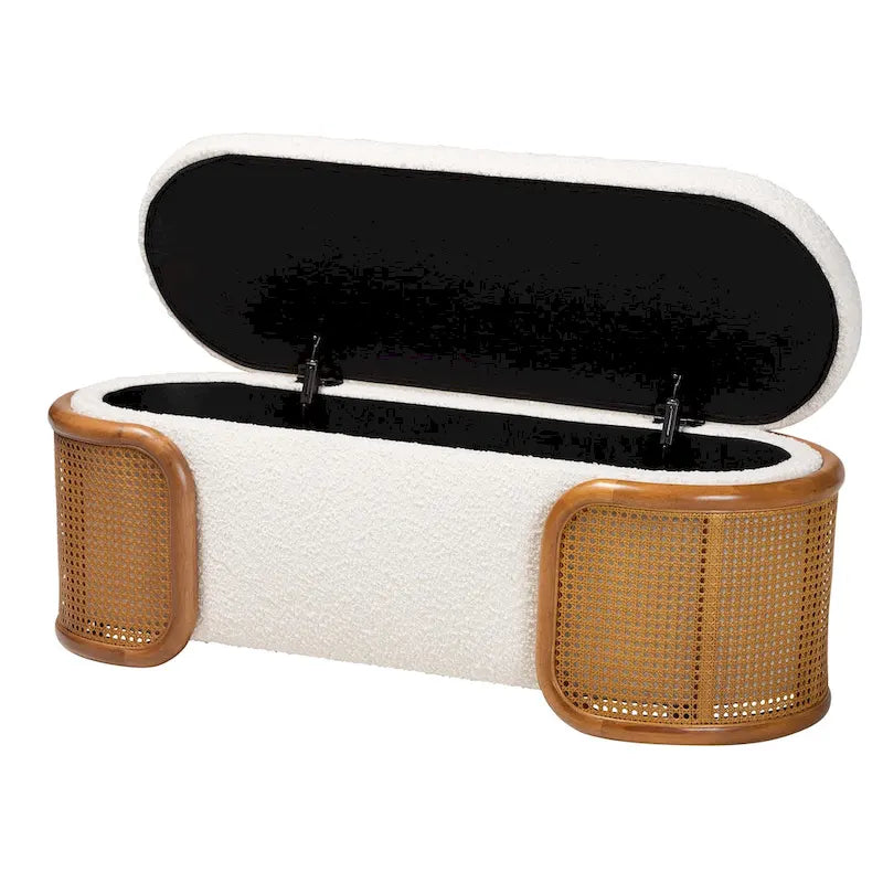 Panca contenitore in tessuto bouclé crema con rattan intrecciato