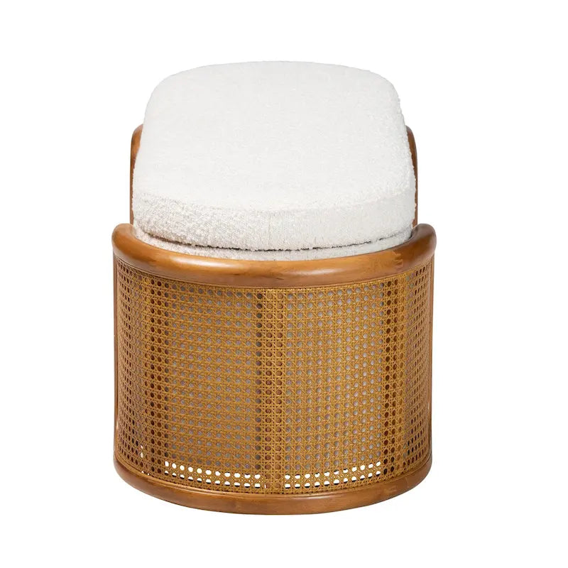 Panca contenitore in tessuto bouclé crema con rattan intrecciato