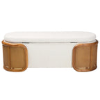 Panca contenitore in tessuto bouclé crema con rattan intrecciato