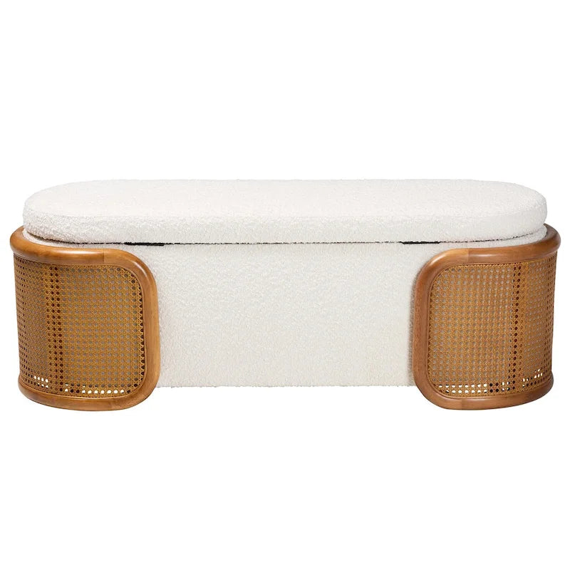 Panca contenitore in tessuto bouclé crema con rattan intrecciato