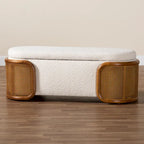 Panca contenitore in tessuto bouclé crema con rattan intrecciato