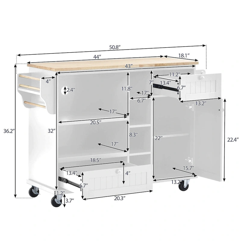 Carrello da cucina con ripiano in legno massiccio e ruote bloccabili