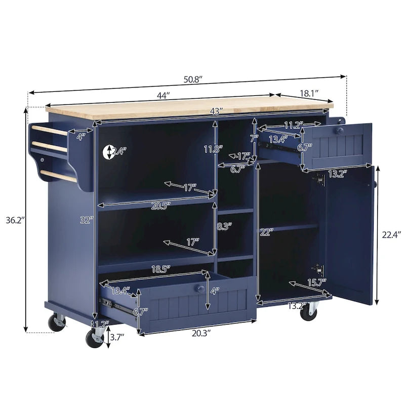 Carrello da cucina con ripiano in legno massiccio e ruote bloccabili
