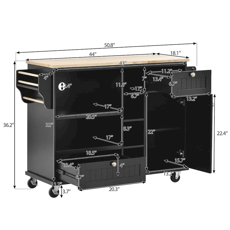 Carrello da cucina con ripiano in legno massiccio e ruote bloccabili