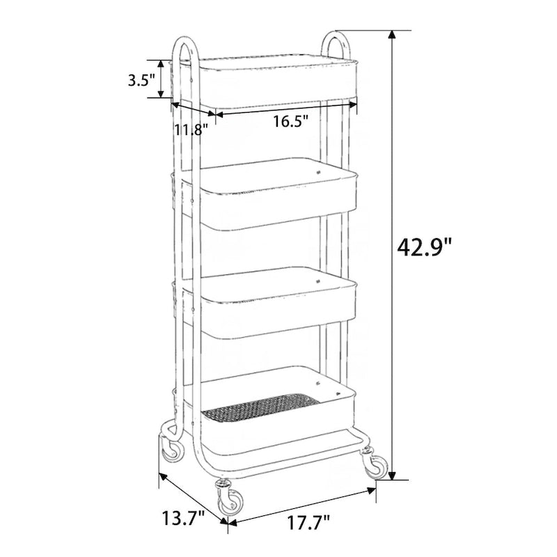 Carrello Utilità in Metallo a 4 Ripiani con Ruote, Scaffali Portaoggetti - 45x35x109 cm