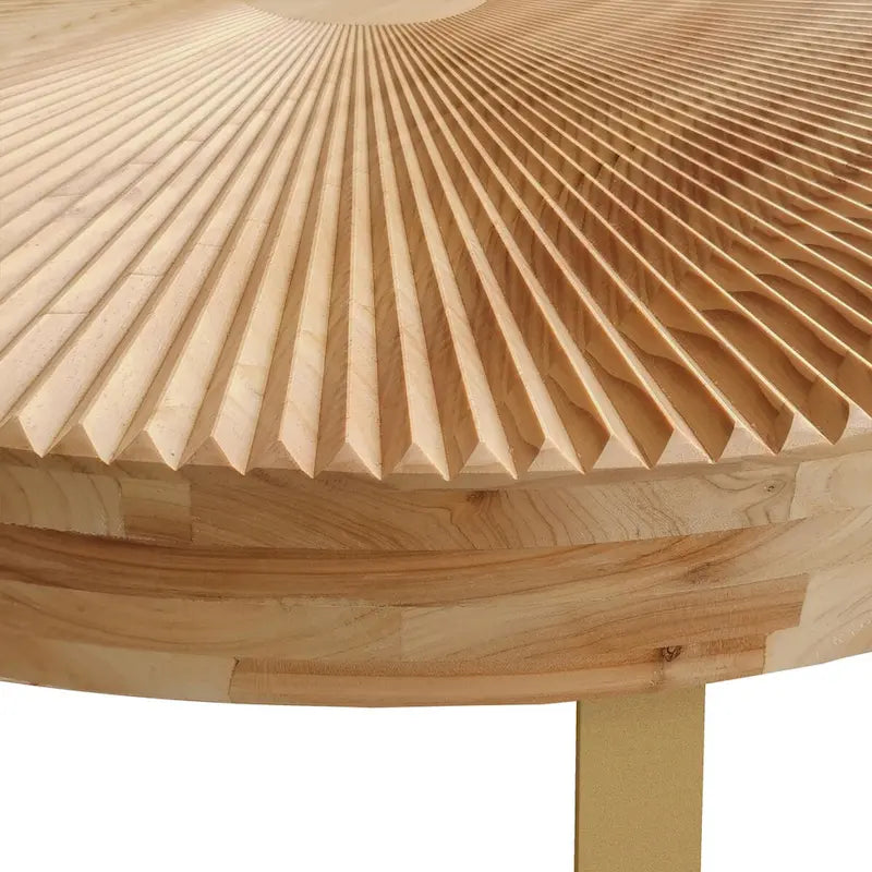 Tavolino da Caffè Rotondo Moderno con Motivo Intagliato in Legno e Gambe in Metallo