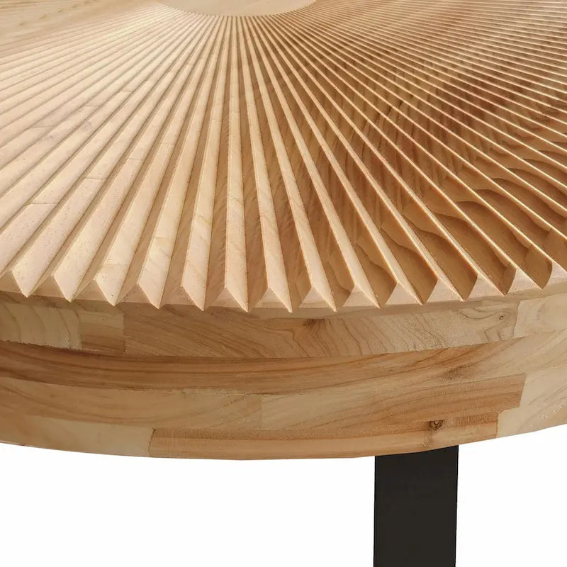 Tavolino da Caffè Rotondo Moderno con Motivo Intagliato in Legno e Gambe in Metallo